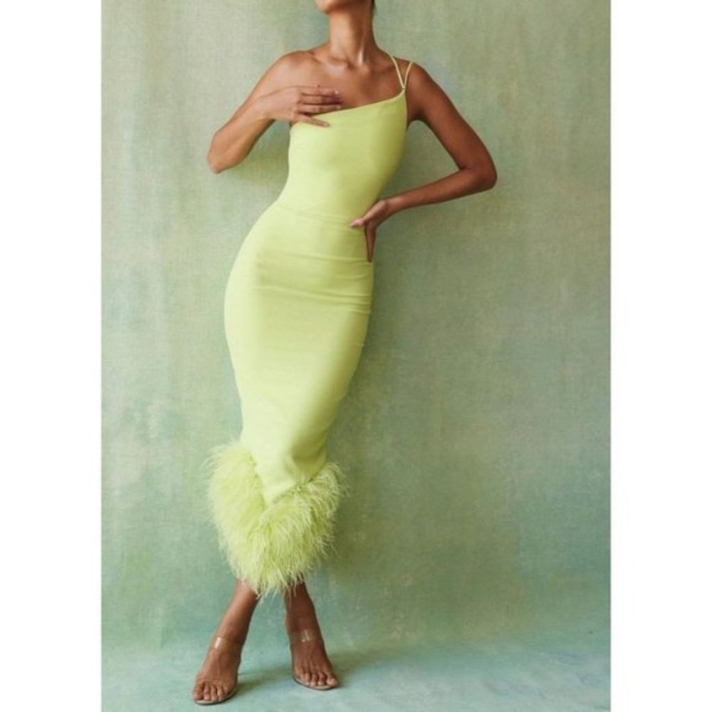 HOUSE OF CB Alessia Asymmetric Feather Trim Midi Dress in Lime Size Medium